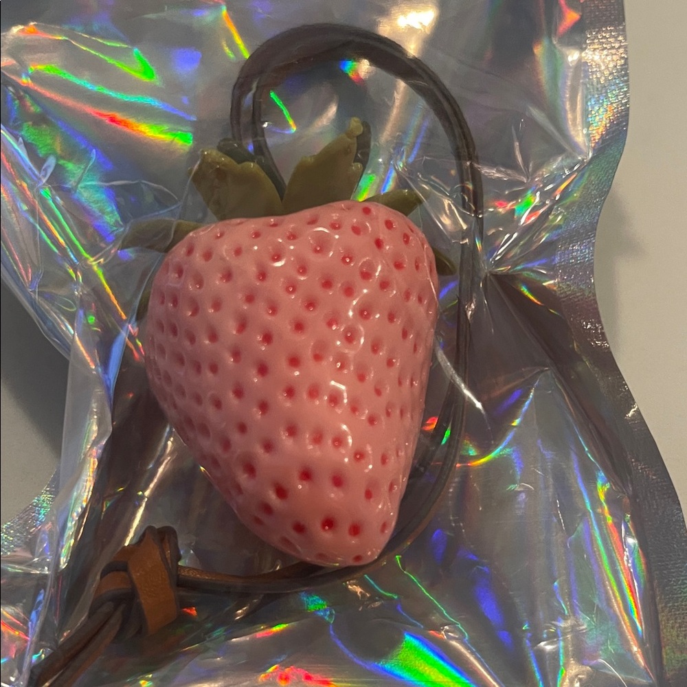 Pink Strawberry Keyring Charm with Green Leaves